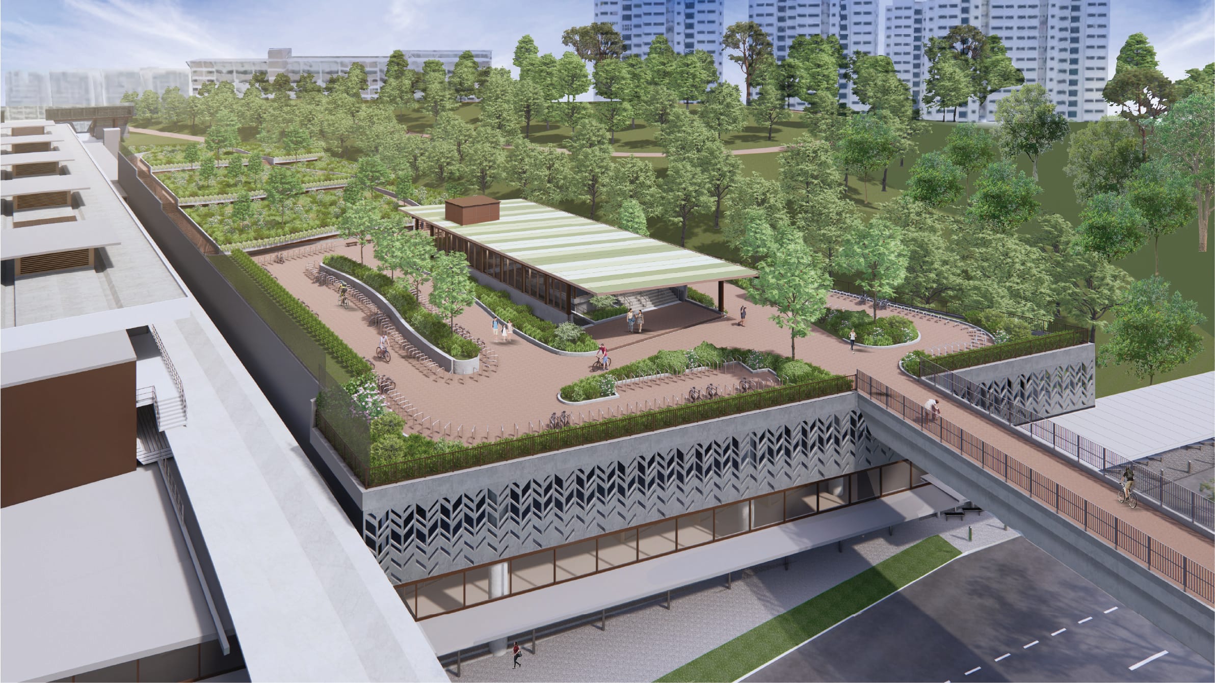 Architectural rendering of a building with a green roof and landscaping, viewed from above.